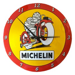 Horloge Bibendum Moto plaque émaillée bombée. diam 28 cm