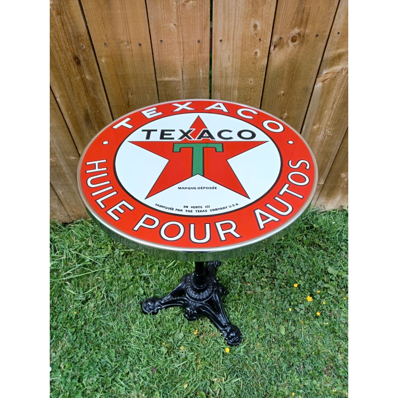 Table Texaco émaillée avec pied fonte H 70cm diam 55cm